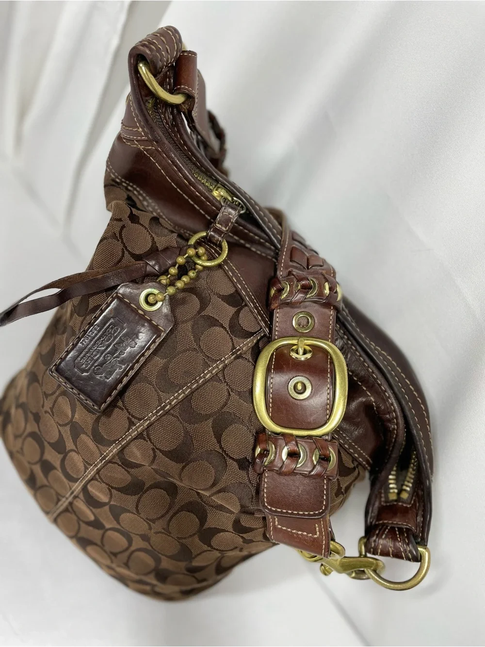Vintage Coach Signature Monogram Brown Buckle Hobo Shoulder Bag Y2K